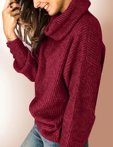Image of Libsorge Women's Dressy Oversized Turtleneck Sweaters Fall 2024 Casual Winter Ribbed Knit Button Long Sleeve Pullover Sweater Red L