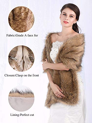 Aukmla womens Long Wedding Faux Fur Wraps Shawls Bridal Stole Brides Bridesmaids, Brown, Free size3