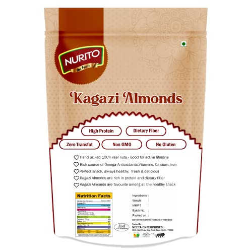Image of Nurito Kagazi Badam 500 Grams (250 Grams X 2) - Thin Shell Almonds | Packed with Protein, Fiber, and Vitamins | Badam with shell - Easy to Crack, Supports Brain Health and Boosts Energy - Great Snack Option for Office, School, or Fitness Enthusiasts