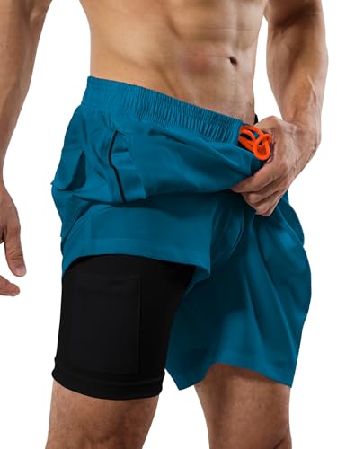 Men's Swim Trunks with Snug Liner 2 in 1 Quick Dry Beach Shorts with Zipper Pockets