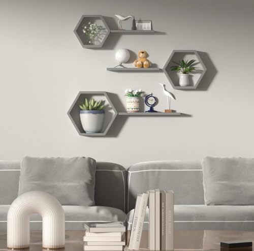 Image of Hexagon Wall Shelves Set of 6 | Wooden Floating Wall Shelf for Home Decor | Honeycomb Design Wall Rack for Living Room, Bedroom & Office (Grey)