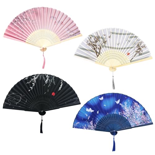 Lot de 4 Éventails Pliants, Éventail Japonais en Soie, Ventilateur à Main Pliable en Bambou, Eventails Pliants...