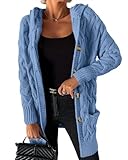 MASCOMODA Women 2024 Oversized Long Sleeve Hooded Chunky Cardigan Long Open Front Knit Button Down Sweater Coat with Pockets(Blue,Small)