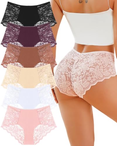 Image of Sexy Underwear for Women Cotton High Waisted Brief Lady Lace Panties 6 Pack