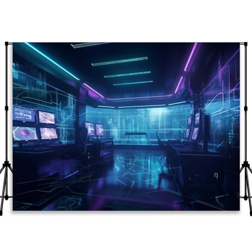 QICAIYUN Custom Cyberpunk Control Room Photography Backdrop Futuristic Scene with