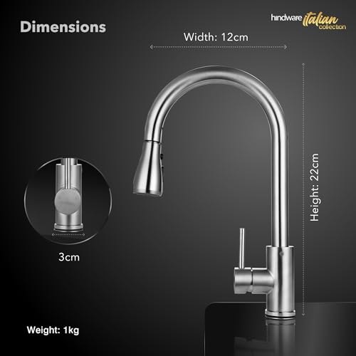 Image of Hindware Italian Collection Pull Down Kitchen Sink Faucet | Kitchen Sink Mixer | Deck Mount Installation | Made of SS | Dual Mode - Spray & Stream | Min. 3-Bar Water Pressure Required
