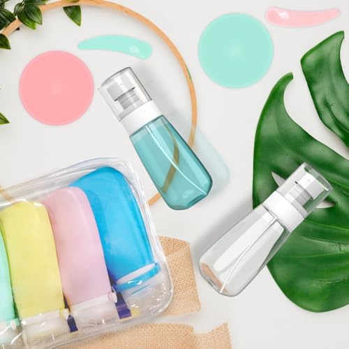 Image of RELANOR Pack 2 Small Spray Bottle Travel Size 2oz /60ml - Fine Mist Mini Empty Spray Bottles - Leak Proof - for Toners, Face & Hair Mist, Clear White , Clear Blue, Travel Bottle Kit - Pack 9, Premium