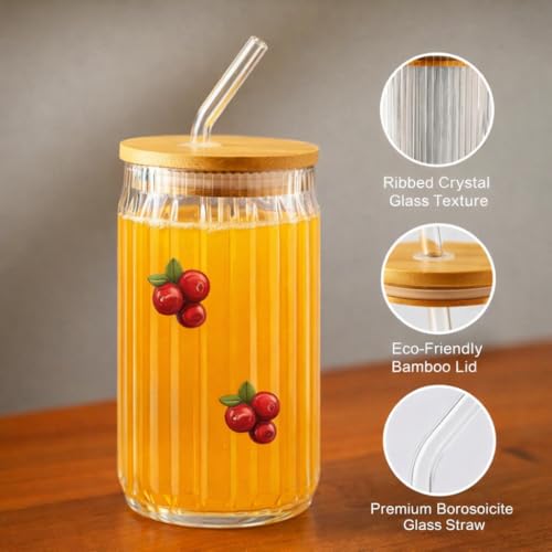 Image of Ribbed Glass Tumbler with Bamboo Lid & Straw (400ml Each) | Cute Charms Aesthetic Can-Shaped Borosilicate Glass Sipper for Juice, Iced Coffee & Cold Drinks