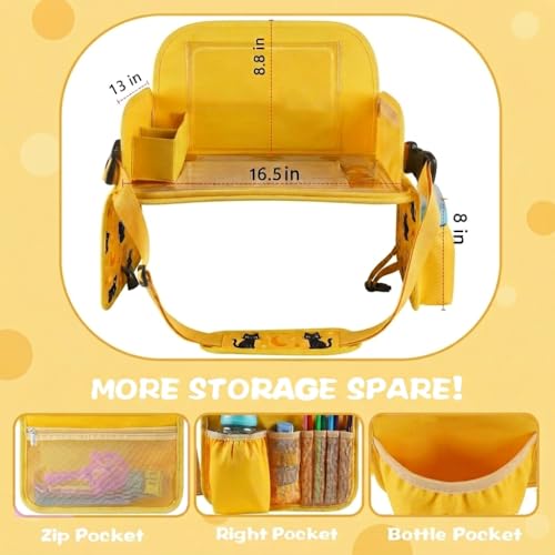 Image of MENZOKE Kids Travel Tray for Toddler Car Seat, Toddler Gift for Boy | Road Trip Essentials Accessories Lap Tray, 16.5 x 13 inch, iPad Holder Stand, Storage Pockets, Snack Compartment, Yellow