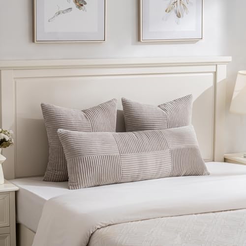 Image of Fancy Homi Set of 2 Neutral Taupe Boho Long Lumbar Body Decorative Throw Pillow Cover 14x36 Inch for Bed Couch Bedroom Bench, Soft Patchwork Corduroy Textured Pillow Case, Farmhouse Room Decor
