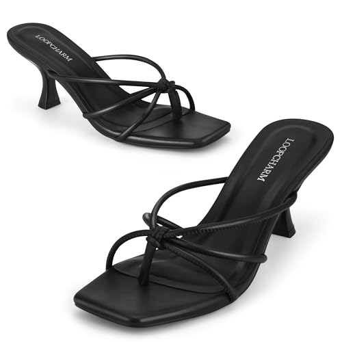 Image of Women's Strappy Square Open Toe Kitten Heel Thong Sandals Slip On Mule Style Dressy Summer Heels