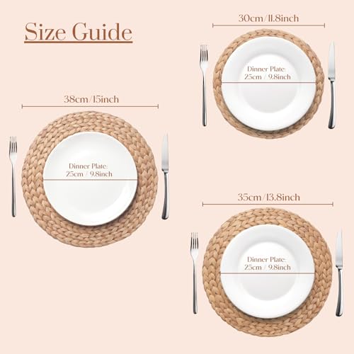 Image of 6 Pack, Round Woven Placemats, Natural Water Hyacinth Place mats, Braided Straw Table Mats for Dining Table, Christmas Placemats Set of 6 (15 inch)