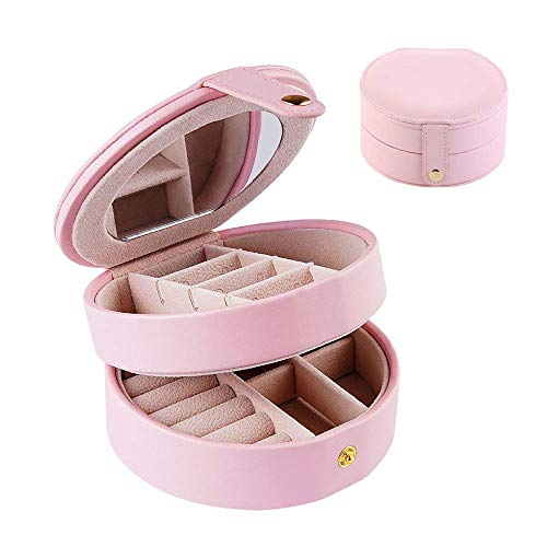 ALWWL Joyero de Viaje, Caja Joyero Pequeña, Organizador de Viaje, para Anillos, Material de la PU, aretes, con Espejo y tabique móvil, Pendientes, Pulseras y Collares, 11x5.8m