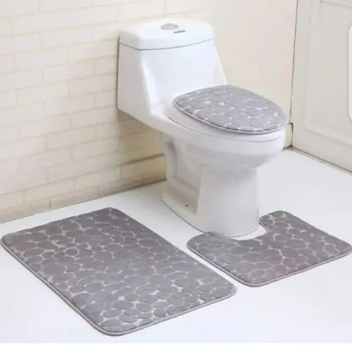 BLAPOXE 3 Pcs Bathroom Bath Mat Set Soft Non Slip Cobblestone Mat Bathroom Rug Absorbent Shower Carpets Toilet Lid Cover(Grey)