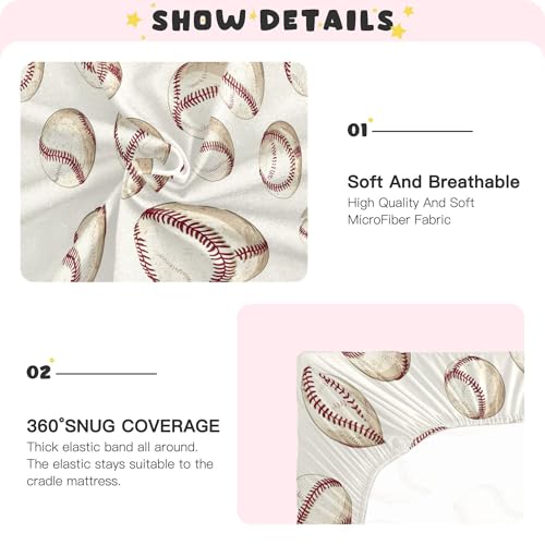 Image of Balls Baseballs Vintage Crib Sheets Soft Breathable Fitted Baby Crib Sheets Mattress Cover for Girls Boys, 52 inch x 28 inch x 9 inch