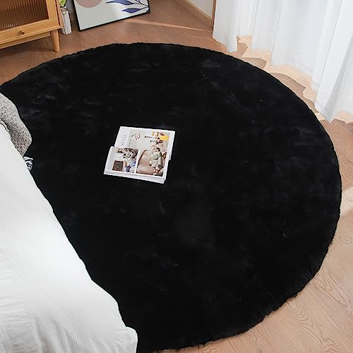 Black Rabbit Shaggy Fur Rug for Bedroom Washable Furry Circle Area Rugs for Living Room Kids Small Round Rug 3ft Nursery Rug
