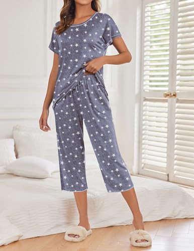 Image of Ekouaer Womens Capri Pajama Sets Print Short Sleeve Sleepwear Top and Pants | Comfy Printed Sleepwear Soft Crewneck Loungewear with Pockets for Home Daily Wear