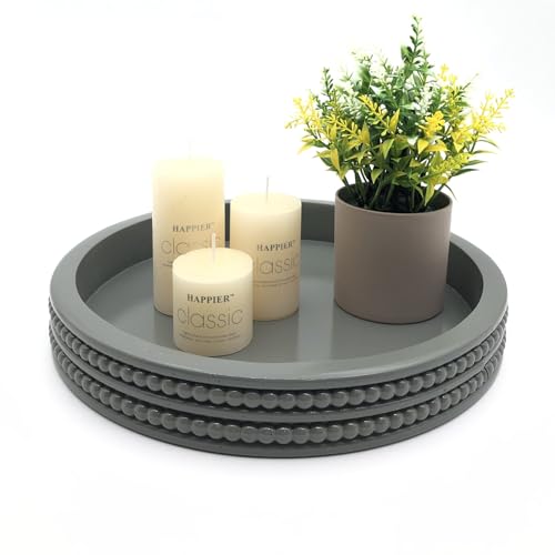 Carah & Cossh Round Wooden Tray, Gray Round Decorative Wood
