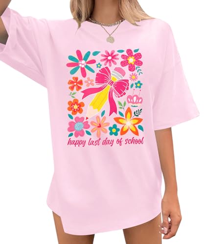 Teacher Shirts Women Bow Pencil Graphic Tee Back to School Teaching Life Shirt Teacher Appreciation Gifts Tops, Pink Flower, M
