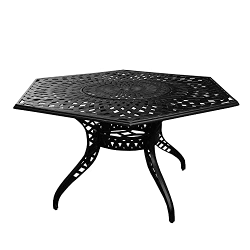 Image of Oakland Living 1822-1855(6)-LBK Modern Ornate Outdoor Mesh Aluminum 63-in Large Black Hexagon Patio Lazy Susan and Six Chairs Dining Set