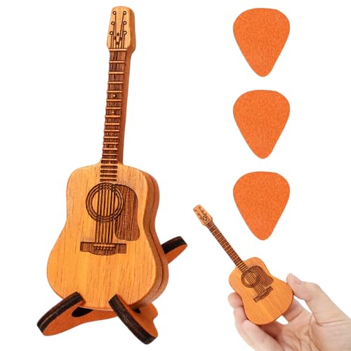 Wooden Guitar Pick Box with Stand 4.72 Inch Wooden Mini Guitar Picks Holder with 3 Pcs Guitars Picks Tiny Guitars Pick Case for Guitar Bass Ukulele
