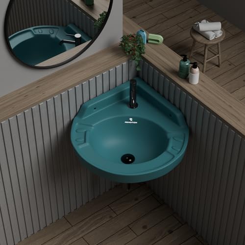 Image of REMOTION Ceramic Wall Hung Corner Wash Basin for Bathroom | Wall Mounted Corner Sink | Space-Saving, Durable & Stylish Design (17 x 15 x 7.5 Inch) (Green)