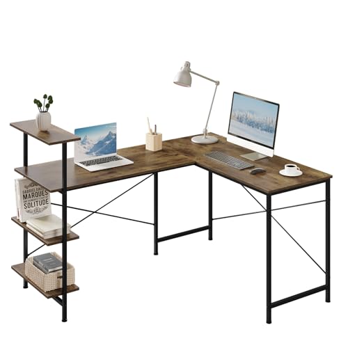 eSituro Escritorio Esquinero 150 x 120 cm, Mesa Escritorio con 4 Estantes, Mesa Ordenador Gaming, Escritorio en Forma de L Grande para Oficina en Casa, Marrón Rústico y Negro, SCD0225