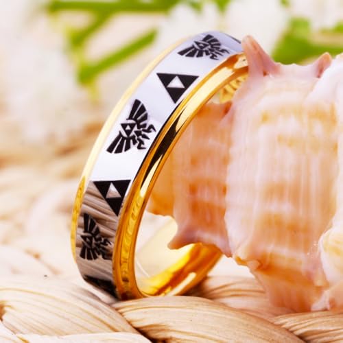 CLOUD DANCER Crest and Triforce Ring Game-Themed Laser Pattern Ring 6mm Silver Surface and Golden Step Tungsten Carbide Wedding Bands Ring - FREE Custom Engraving4