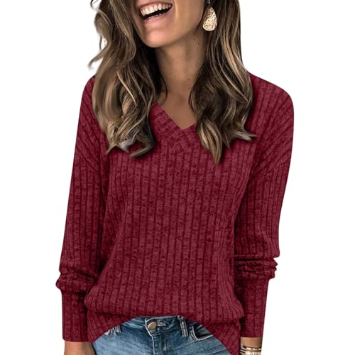 Camisetas Manga Larga Mujer Algodon Basicas Jersey Mujer Otoño Punto Casual Blusa Cuello V Termica Primavera Camiseta Interior Tallas Grandes Sudadera Sweater(Vino,L)