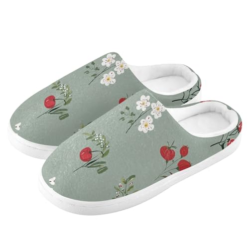 JUNZAN Funny Cranberries Fruit Sage Green Women Home Cotton Slippers Wide Memory Foam House Shoes for Bedroom Christmas Presents 6-74