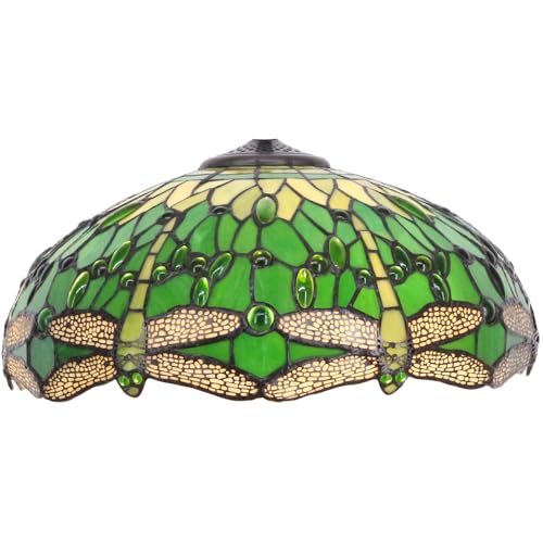 Image of 16 Inch Tiffany Stained Glass Lamp Shade Replacement Only (Green Dragonfly) | Fit For Table Lamps FLoor Lamp Ceiling Fixture Pendant Hanging Light Home Office Decoration