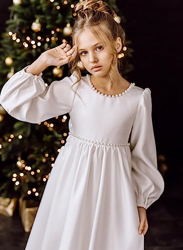 JISISANG Long Sleeve Satin Flower Girls Dresses Elegant Princess Swing First Communion Dress with Bow-Knot4