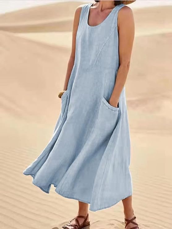 Apvirdy Linen Dress for Women Summer Sleeveless Solid Casual Baggy Flowy Maxi Dresses with Pockets - Image 2