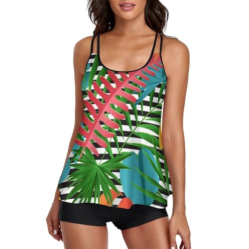 Tankini ensemble bikini avec short de garçon à motif feuilles tropicales pour femme