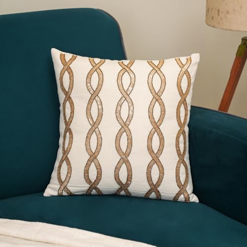 Image of Hand Beaded Sequins Patchwork Embroider Cushion Covers | Decorative Sofa Cushion Cover | 18X18 Inches Cotton Cushion Covers for Bedroom and Living Room (Set of 1, 18 * 18)