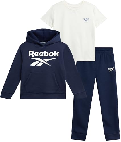 Reebok Baby Boys Pants Set - 3 Piece T-Shirt, Pullover Hoodie & Joggers Jog Set - Fleece Playwear Pant Sets for Toddler Sizes