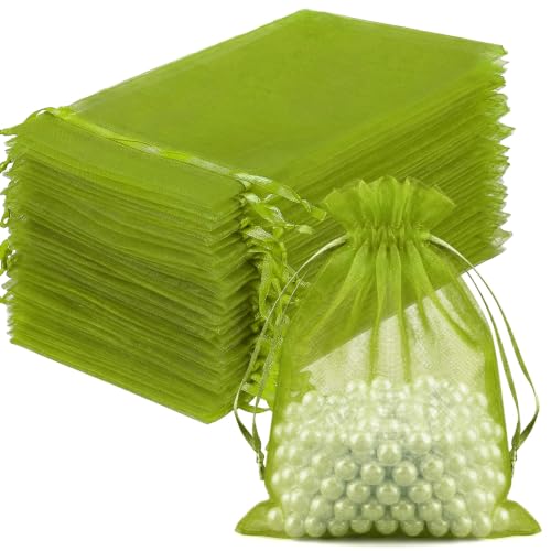 Image of FUNFERY 100PCS Green Organza Gift Bags 4x6in,Drawstring Pouch for Jewelry