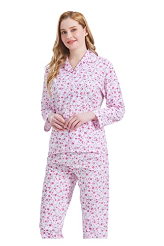 Image of GLOBAL Women Cotton Pajamas Long Sleeve PJs Button Down Sleepwear S-3XL