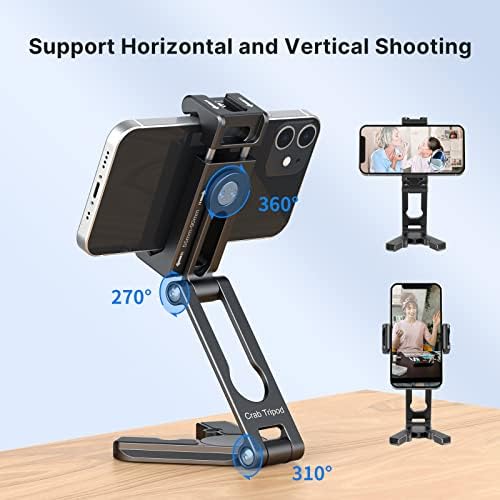 Metal Phone Tripod Mount, VIJIM HP004 Mobile Phone Crab Tripod Mount with 2 Cold Shoe Mount, 360° Selfie Stick Tripod Stand with universal Phone Holder, Arca Swiss Tripod for most Cellphones