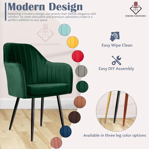 Image of Plush Dining Chair | Accent Chair for Living Room Bedroom Restuarant | Velvet Fabric & Thick Cushion Seat with Sturdy Glossy Metal Legs (Black Legs, Green)