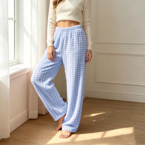 Pajama Pants Women Fleece Plaid Wide Leg Lounge Bottoms - image 5