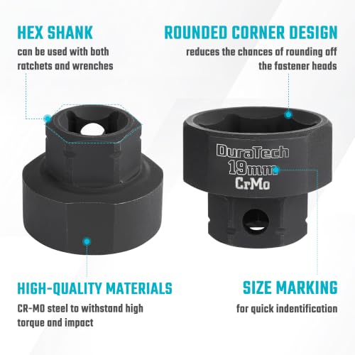 Image of DURATECH 10-Piece 3 /8 inch Drive Stubby Impact Socket Set for Narrow Spaces | 10mm-19mm, Metric, Cr-Mo Steel, Size Markings, for Tight Spaces, Organized in Magnetic Storage Rail, for Automotive Repairs