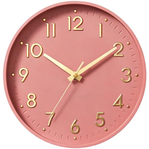 Image of Mosewa Wall Clock 10 Inch, Battery Operated Silent Non-Ticking Modern Analog Clock Decorative for Kitchen, Bedroom, Office, Living Room(Pink Gold)