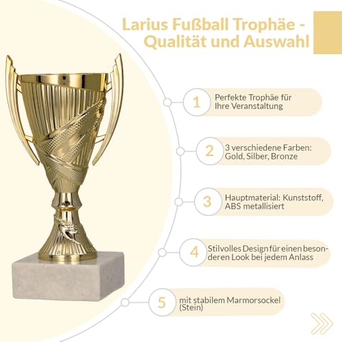 Larius Sieger Pokal mit/ohne Gravur (Personalisierbar) – Fußball Trophäe mit Marmorsockel - 3 Farben, Geschenk & Ehrenpreis für Turniere, Kinder, Vereine