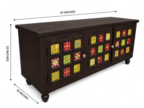 Image of Sheesham Wood TV Unit Cabinet with Handcrafted Ceramic Tile Doors | Dark Walnut Finish | 3 Door TV Console Entertainment Center | Storage Cabinet for Living Room (57 x 18 x 23 Inches)