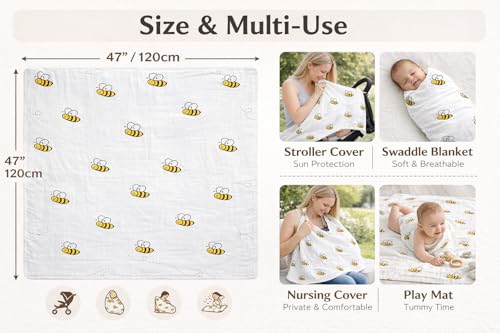Image of Swaddle Cloth for new Born Pure Cotton Muslin Baby Swaddle Blanket, Wrap Cloth Cotton Swaddle for Newborn Baby Cotton Swaddle Blanket - 1 Swaddle with Size 120x100 CM- Bee Print
