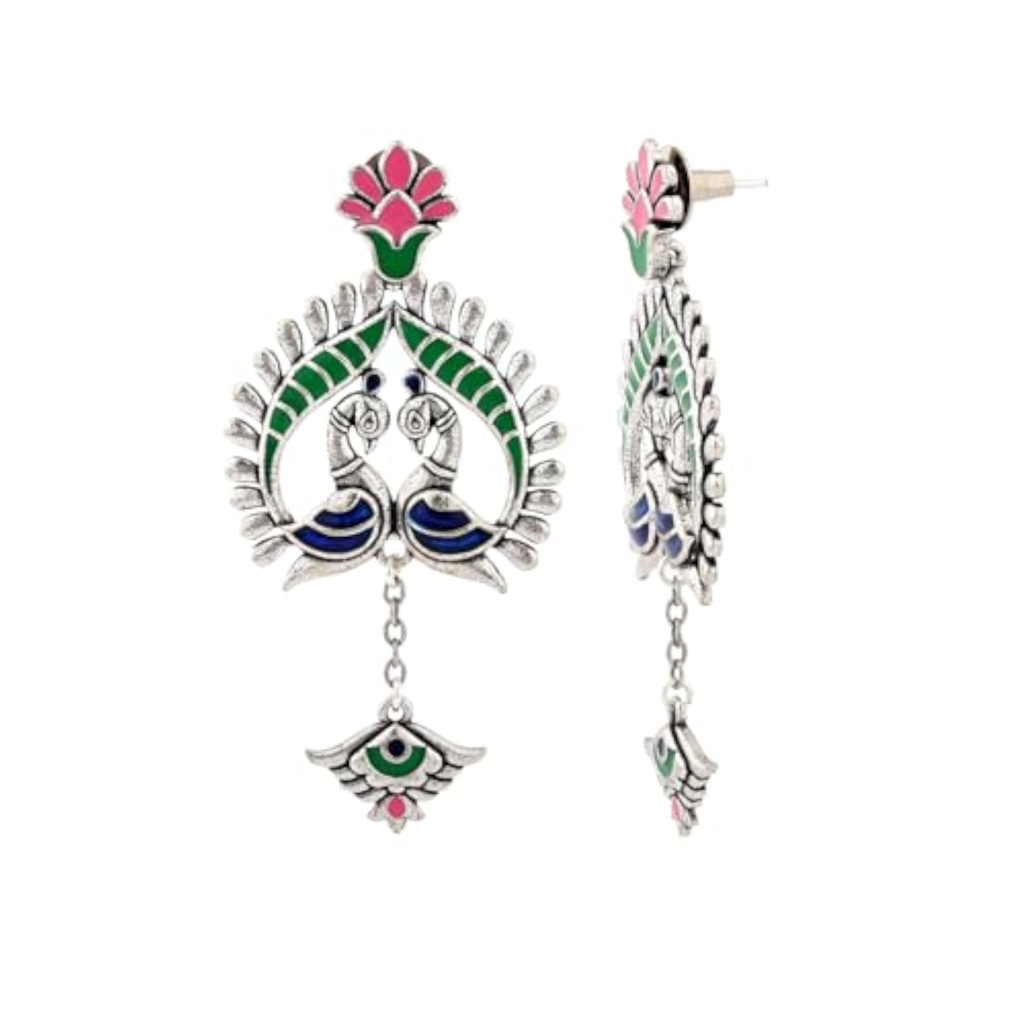 Madhubani Peacock Pratha Oxidised Enamel Earrings for Women