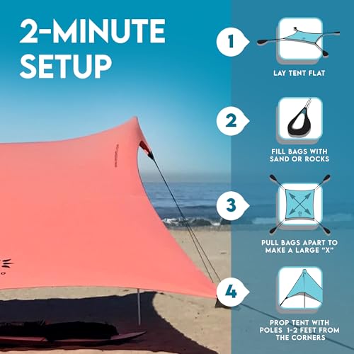 Image of Neso Gigante Portable Beach Tent Sun Shelter - Lightweight Beach Shade Canopy - Easy Setup for Family Outings - Patented Reinforced Corners - UPF 50+ Sun Protection - 8ft Tall, 11 x 11ft - Coral