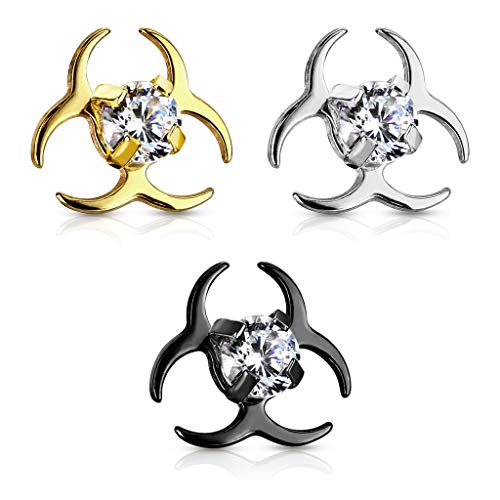 Covet Jewelry Clear CZ Centered Biohazard Symbol Internally Threaded 316L Surgical Steel Dermal Top3