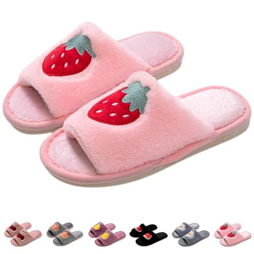Strawberry Slippers for Women Indoor Cute Summer House Slippers Shoes Plush Cozy Cotton Open Toe Home Bedroom Slip On Slides Soft Lightweight Memory Foam Sole
